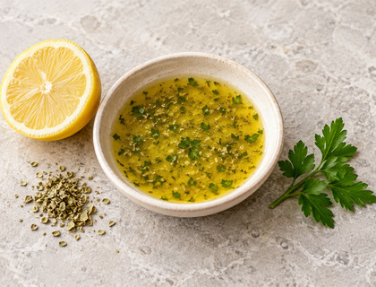 Lemon-herb dressing (olive oil, lemon juice, oregano, parsley)