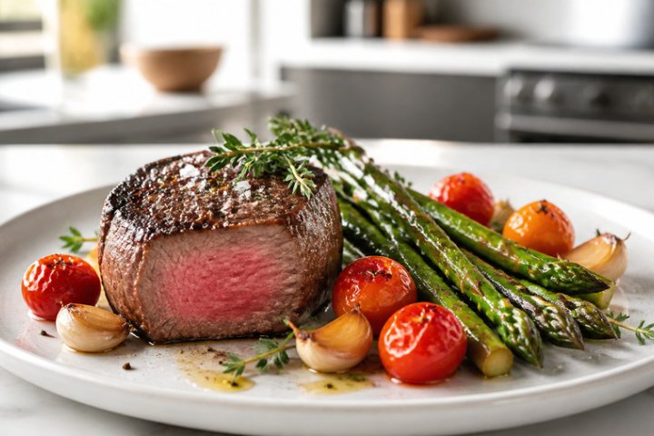 Seared Filet Mignon with Asparagus and Roasted Cherry Tomatoes