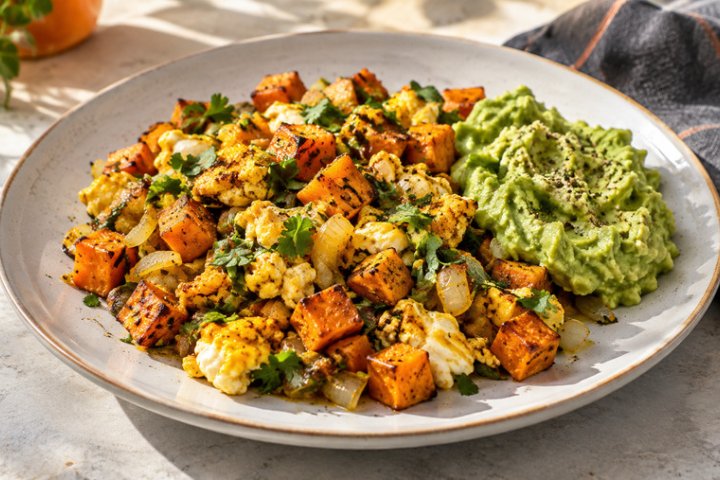 Tuesday's Savory Spiced Sweet Potato & Egg Scramble with Avocado