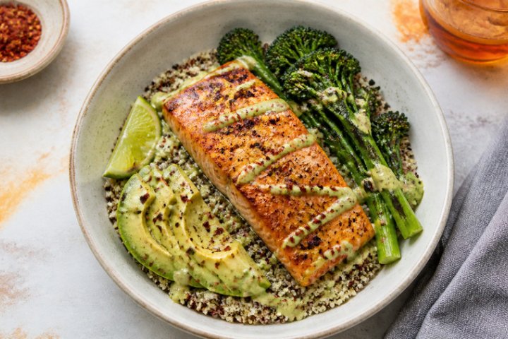 Spicy Salmon & Quinoa Power Bowl with Avocado-Lime Drizzle