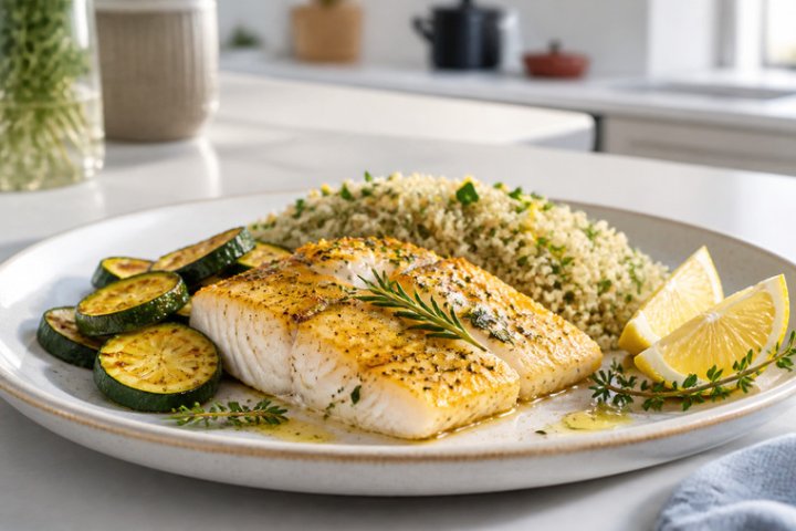 Mediterranean Baked Cod with Roasted Zucchini and Lemon-Herb Quinoa (Monday, October 28, 2024)