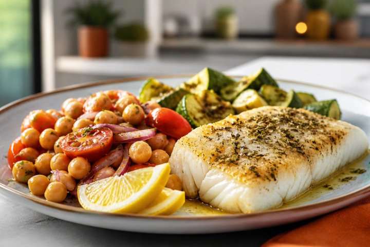 Mediterranean Baked Cod with Roasted Zucchini and Chickpea Salad
