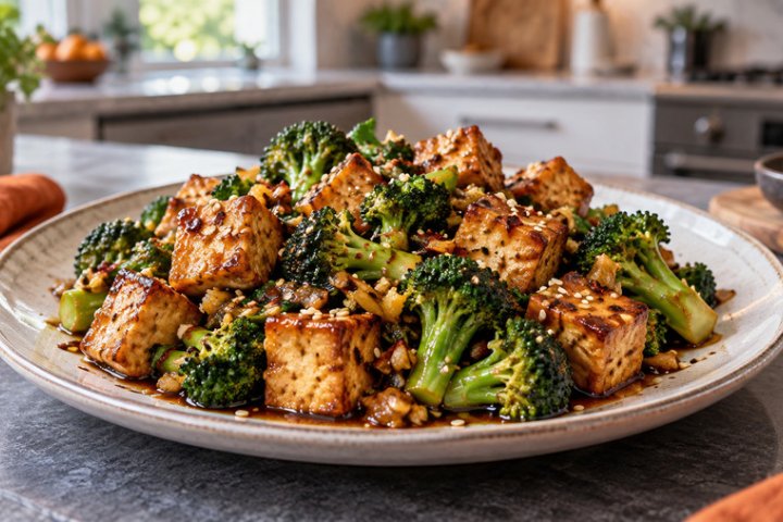 Spicy Tofu & Broccoli Stir-fry with Toasted Sesame Seeds