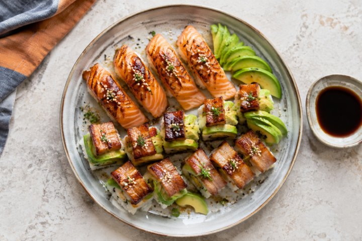 Seared Salmon & Pork Belly Sushi with Avocado & Sesame