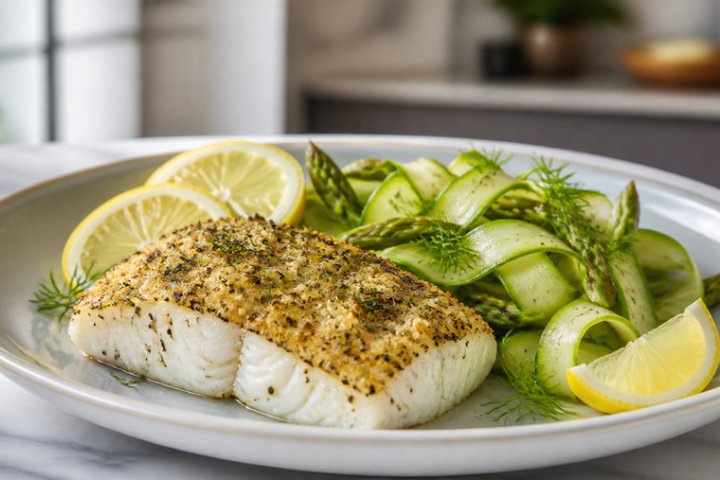 Lemon-Herb Crusted Cod with Asparagus Ribbons