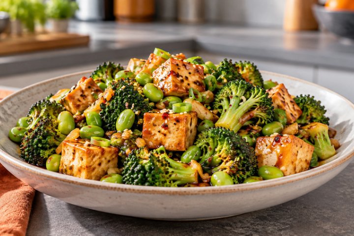 Spicy Tofu & Broccoli Stir-fry with Edamame