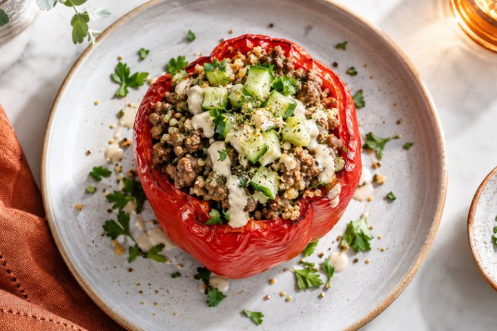 Mediterranean Lamb & Quinoa Stuffed Bell Pepper with Tahini Drizzle (Tuesday, October 29, 2024)