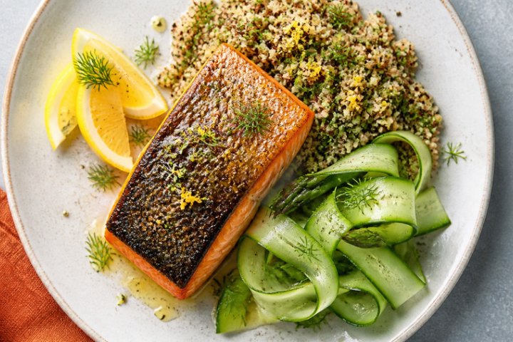 Lemon-Herb Grilled Salmon with Quinoa Pilaf and Asparagus Ribbons