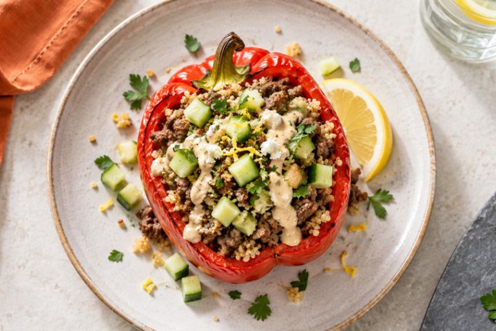 Mediterranean Lamb & Quinoa Stuffed Bell Pepper with Tahini Drizzle (Thursday, October 24, 2024)
