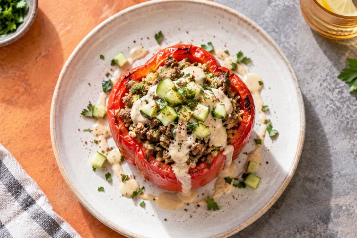 Mediterranean Lamb & Quinoa Stuffed Bell Pepper with Tahini Drizzle (Monday, October 28, 2024)