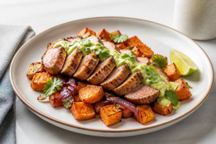 Pan-Seared Pork Tenderloin with Sweet Potato Hash and Avocado Crema