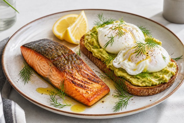 Pan-Seared Salmon with Creamy Avocado & Poached Eggs