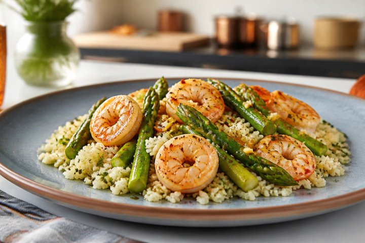 Spicy Garlic Shrimp & Asparagus Stir-fry with Cauliflower Rice