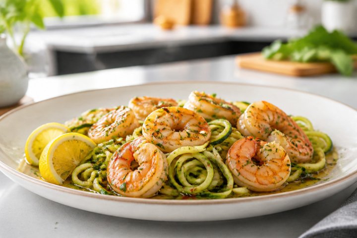 Spicy Garlic Shrimp & Zucchini Noodles with Lemon-Herb Drizzle