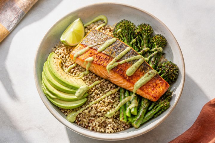 Spiced Salmon & Quinoa Power Bowl with Avocado-Lime Drizzle