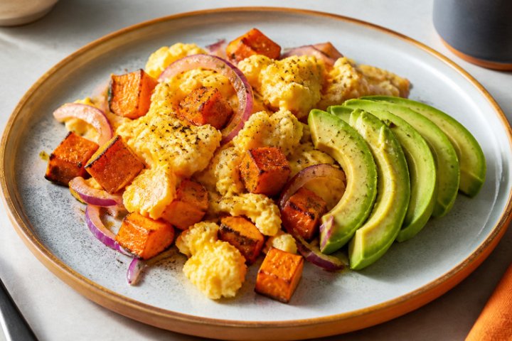 Thursday's Savory Sweet Potato & Egg Scramble with Avocado