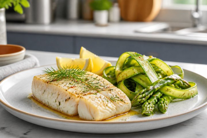 Spicy Lemon-Herb Cod with Sautéed Asparagus Ribbons