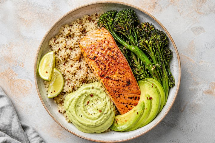 Spicy Salmon & Quinoa Power Bowl with Avocado Crema