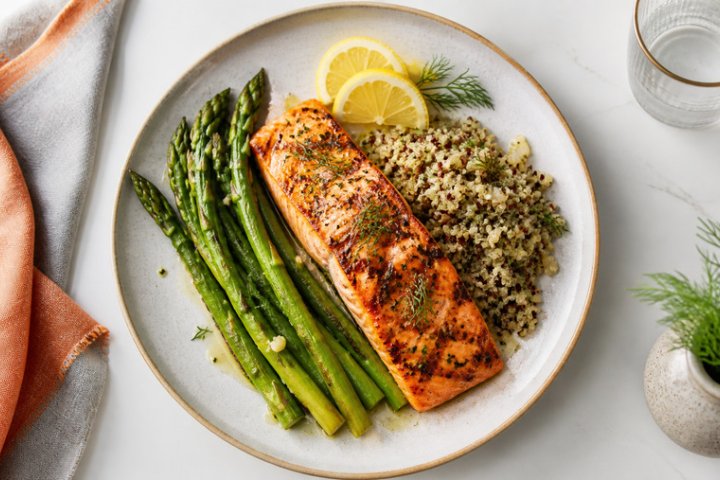 Lemon-Herb Grilled Salmon with Quinoa Pilaf and Asparagus